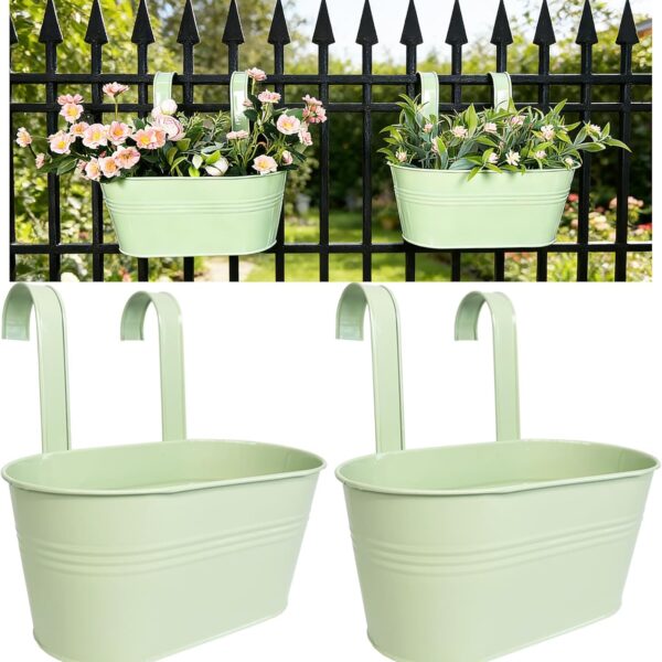 Two-Pack 10 in Metal Fence Planters, Mint Green