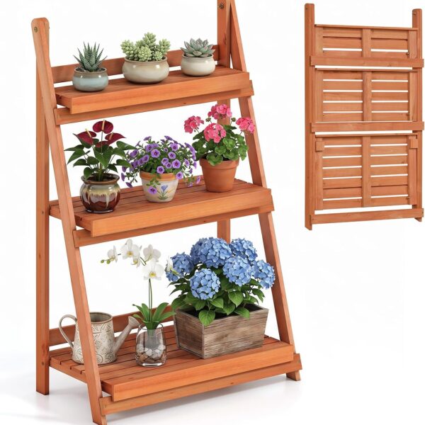 Three-Tier Foldable Wooden Ladder Plant Stand, Orange