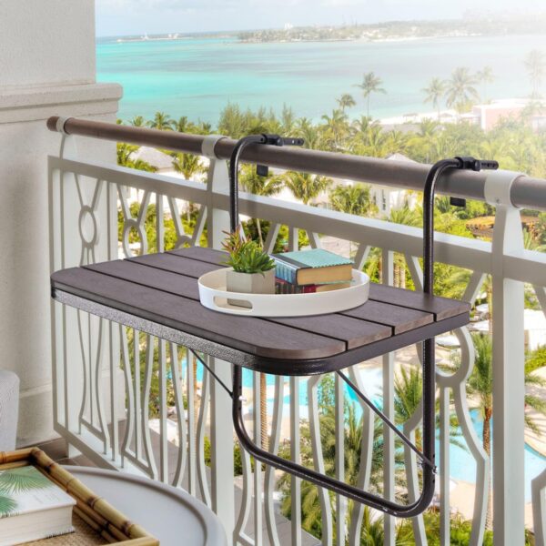 Folding Aluminium Balcony Railing Side Table, Brown