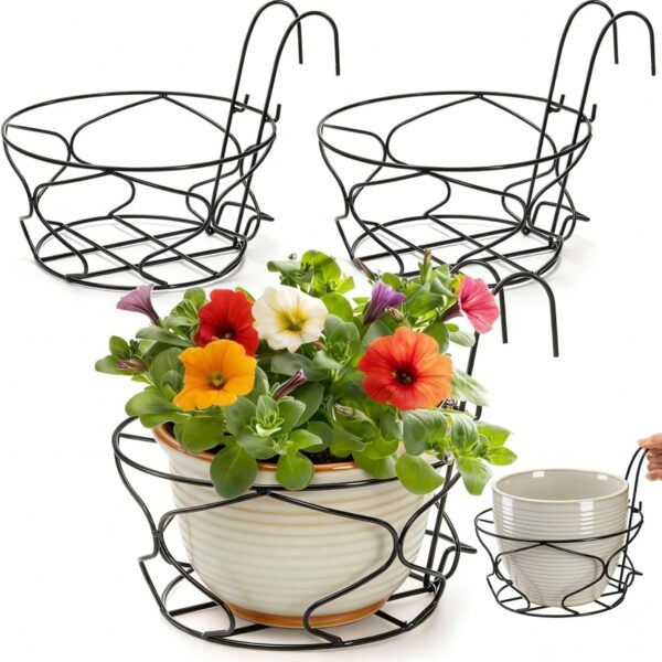 Three-Pack Round Hanging Railing Planter Baskets, Black